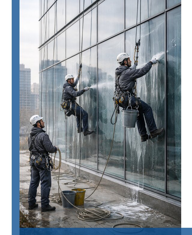 Промышленная мойка панорамных окон на высоте в Белове