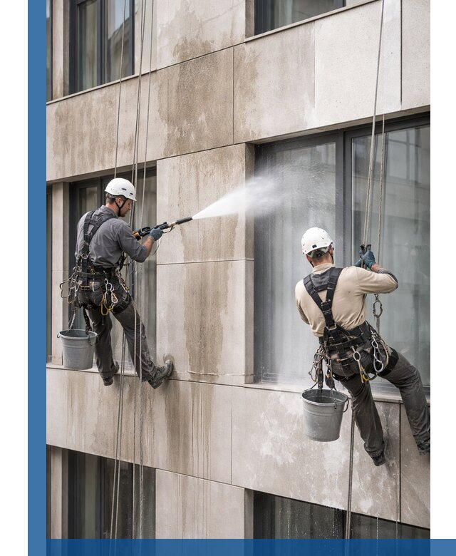 Послестроительная мойка фасада промышленным альпинизмом в Белове