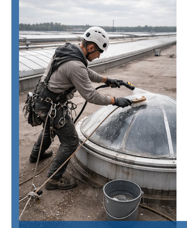 Мойка зенитных фонарей на кровле для промышленных объектов в Белове