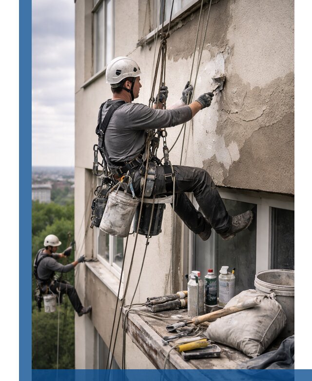 Косметический ремонт фасада зданий в Белове промышленными альпинистами