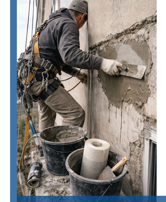 Ремонт бетонных элементов фасада промышленными альпинистами в Белове