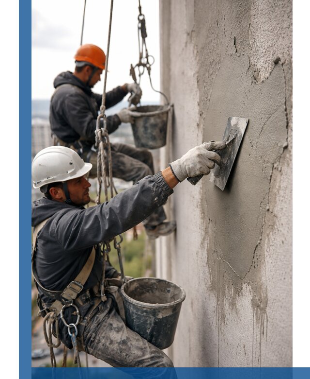 Штукатурка фасада на высоте в Белове профессиональные работы