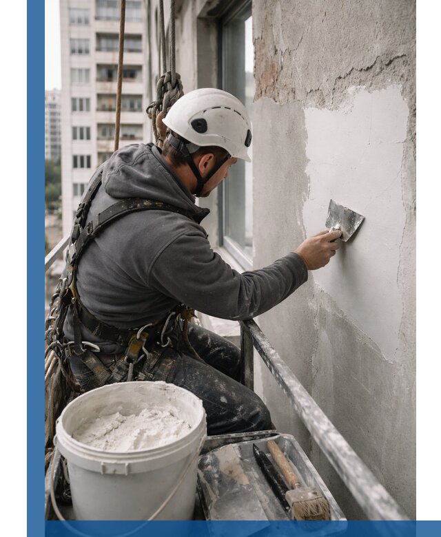 Шпаклевка фасадов на высоте с промальпинистами в Белове