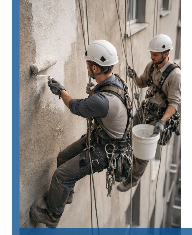 Грунтовка фасада на высоте в Белове промышленными альпинистами