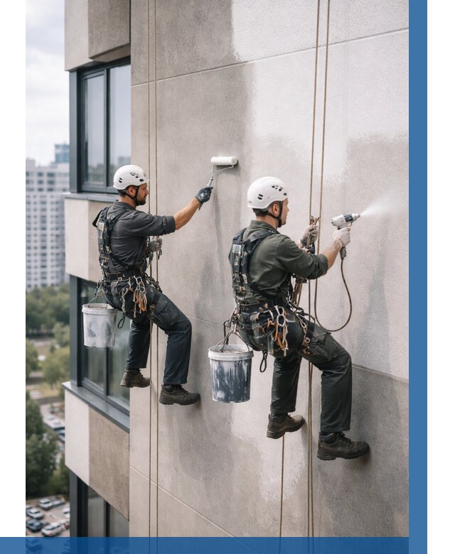 Покраска фасада альпинистами в Белове от 326 р. | ВЫСОТНИК-Блв