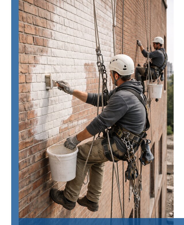 Покраска кирпичного фасада с доступным альпинистским сервисом в Белове