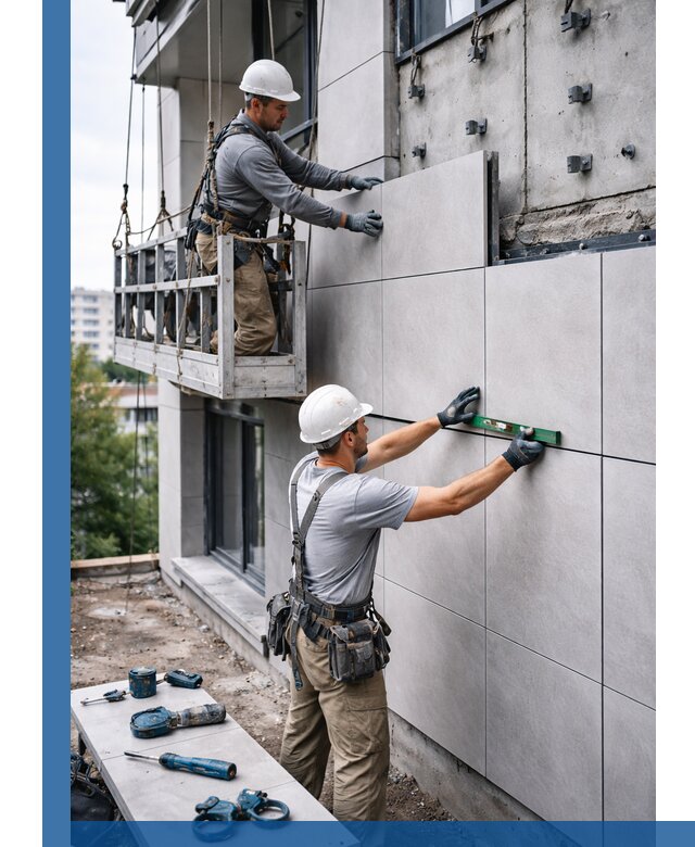 Монтаж керамогранита на фасад в Белове под ключ с гарантией качества