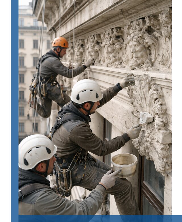 Реставрация фасадной лепнины с высотными работами в Белове