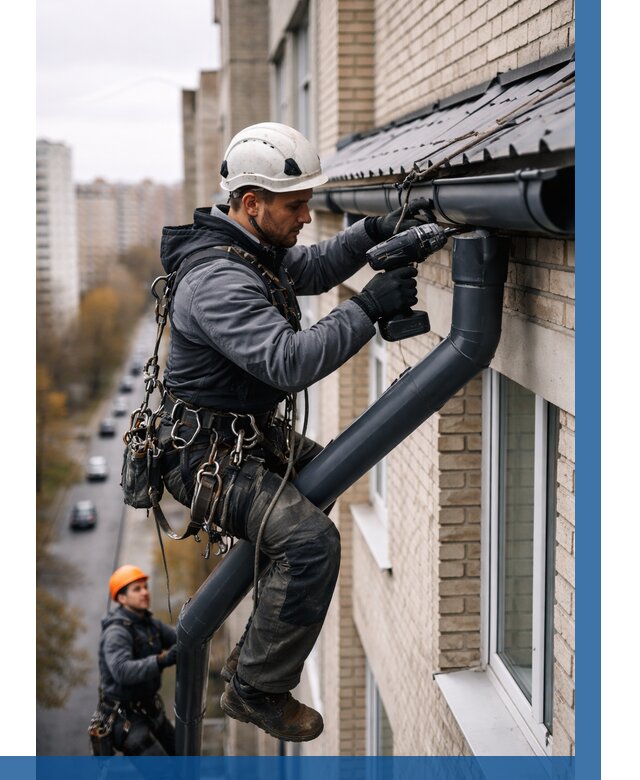 Монтаж водосточной системы на здании в Белове от 5430 р. | ВЫСОТНИК-Блв