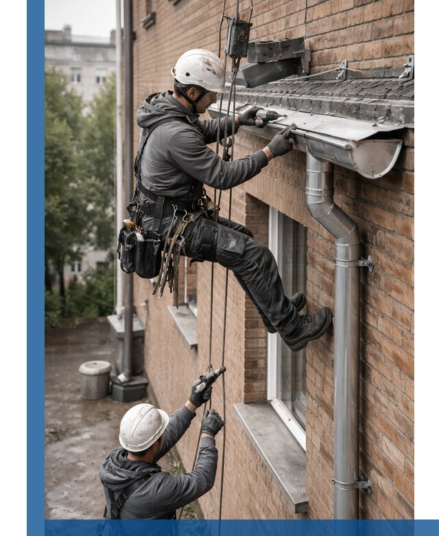 Монтаж водосточной системы на здании в Белове под ключ