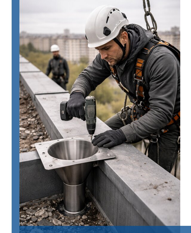 Монтаж водосточных воронок в Белове для промышленных зданий