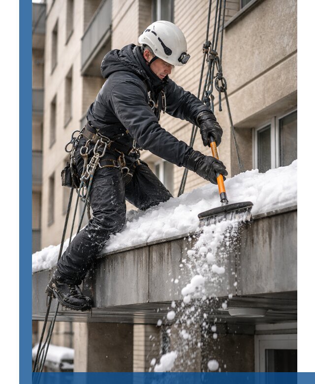 Очистка козырьков от снега в Белове круглогодично безопасно