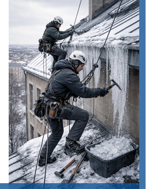 Удаление наледи с кровли в Белове от 5972 р. | ВЫСОТНИК-Блв