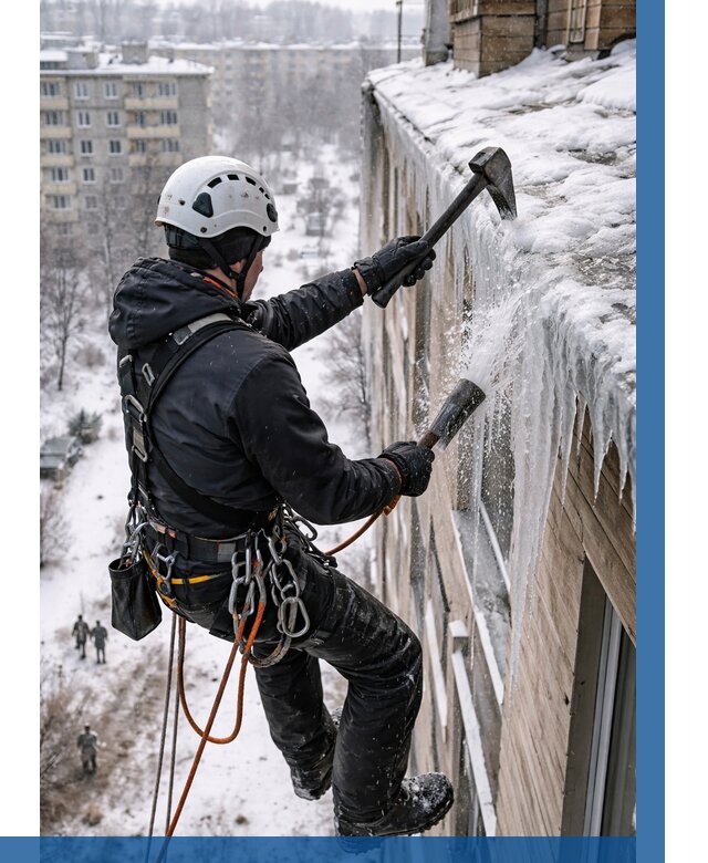 Сбивание сосулек с крыши в Белове по цене от 4887 р. | ВЫСОТНИК-Блв