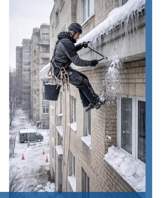 Удаление наледи с карнизов в Белове от 380 р. | ВЫСОТНИК-Блв