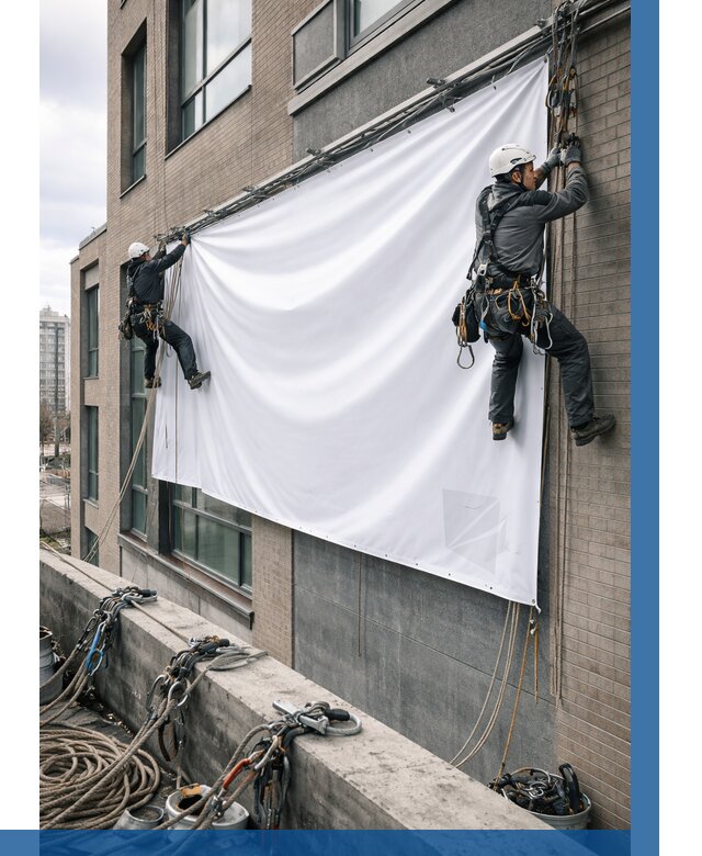 Монтаж баннеров на фасаде в Белове от 706 р. заказать ВЫСОТНИК-Блв