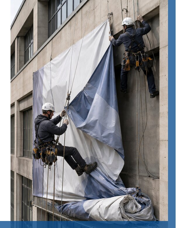 Демонтаж баннеров с фасада в Белове от 4887 р. | ВЫСОТНИК-Блв