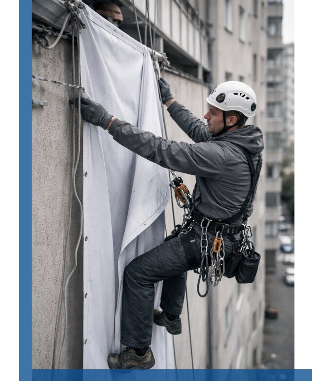 Замена баннерного полотна промышленными альпинистами в Белове
