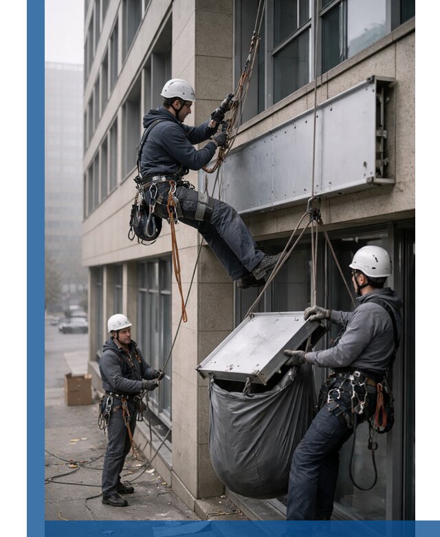 Демонтаж рекламной вывески с высотными работами в Белове