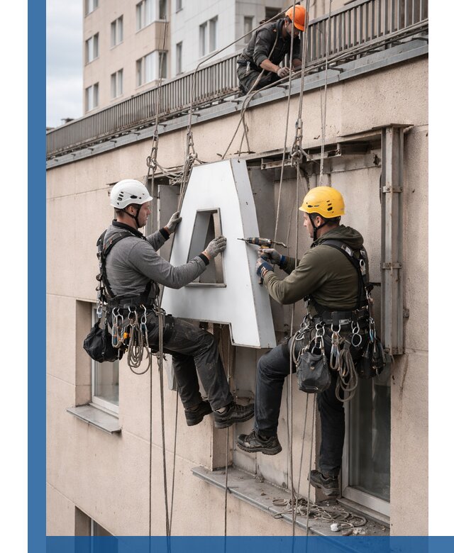 Ремонт и восстановление наружных вывесок на высоте в Белове