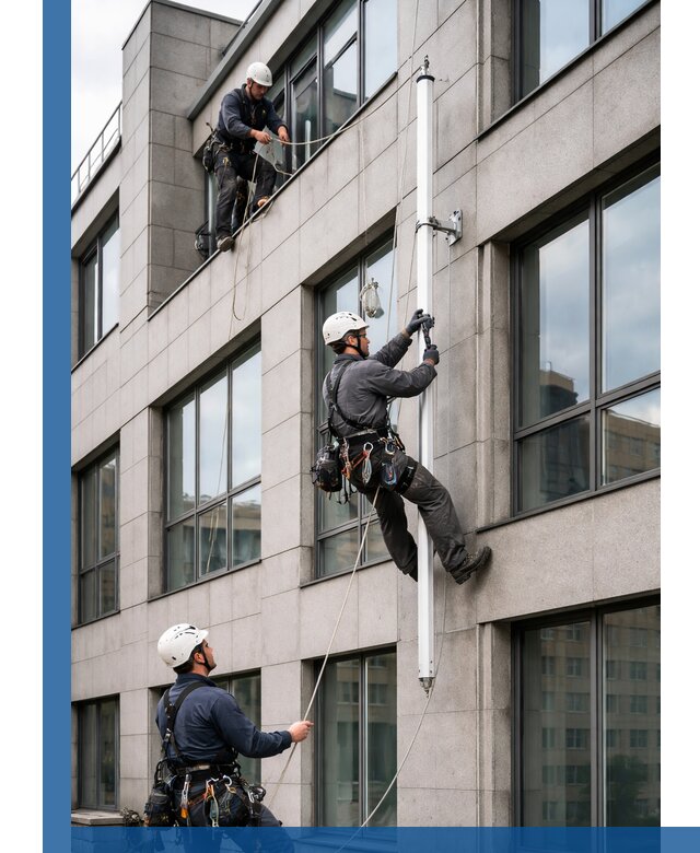 Монтаж флагштока на фасаде здания с креплением и герметикой в Белове