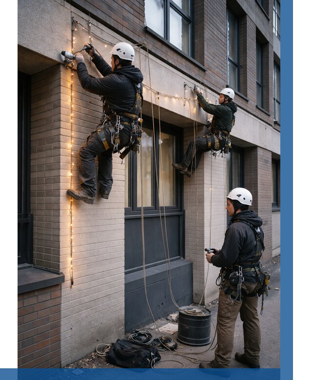 Монтаж гирлянд на фасаде в Белове от 3801 р. | ВЫСОТНИК-Блв