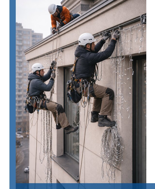 Монтаж праздничных гирлянд на фасаде в Белове для зданий