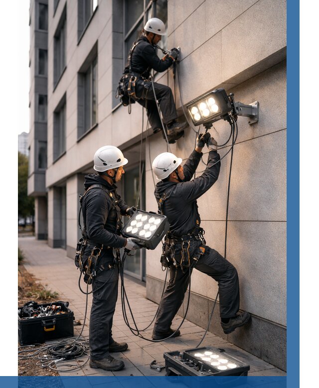 Монтаж прожекторов на фасаде в Белове от 8144 р. | ВЫСОТНИК-Блв