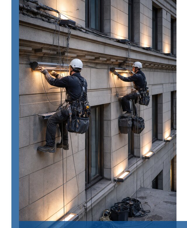 Монтаж архитектурной подсветки фасадов зданий в Белове