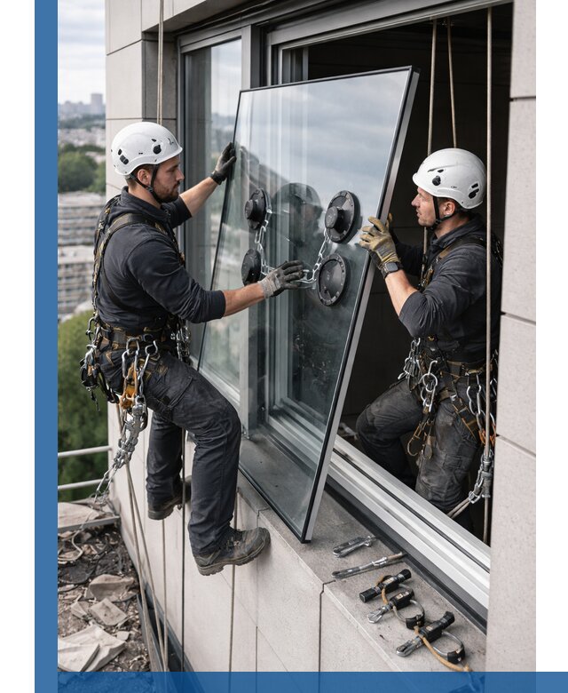 Замена стеклопакетов на высоте с промышленными альпинистами в Белове