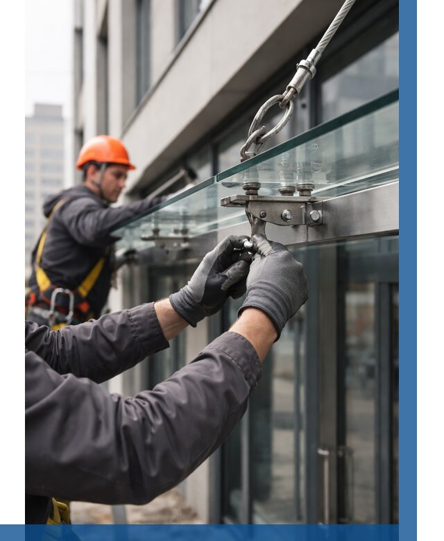 Монтаж стеклянных козырьков в Белове от 9230 р. | ВЫСОТНИК-Блв