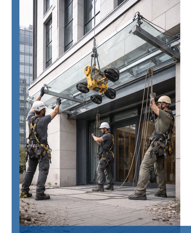 Монтаж стеклянных козырьков под ключ в Белове для зданий