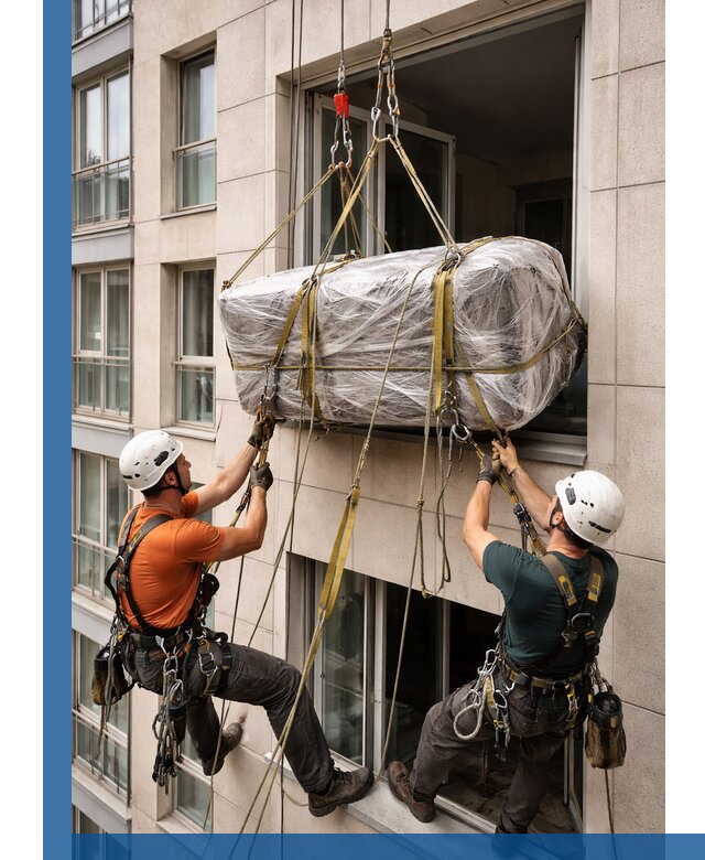 Подъем грузов через окно в Белове промышленными альпинистами