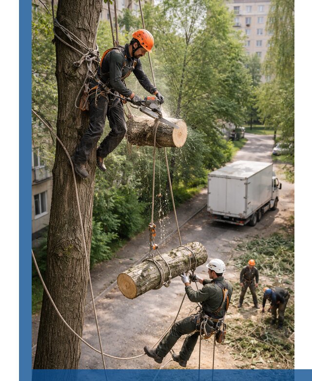 Спил деревьев альпинистами в Белове, безопасно и без повреждений