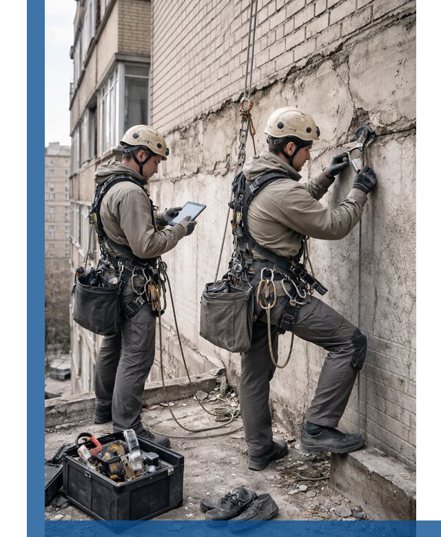 Обследование фасада промышленными альпинистами в Белове