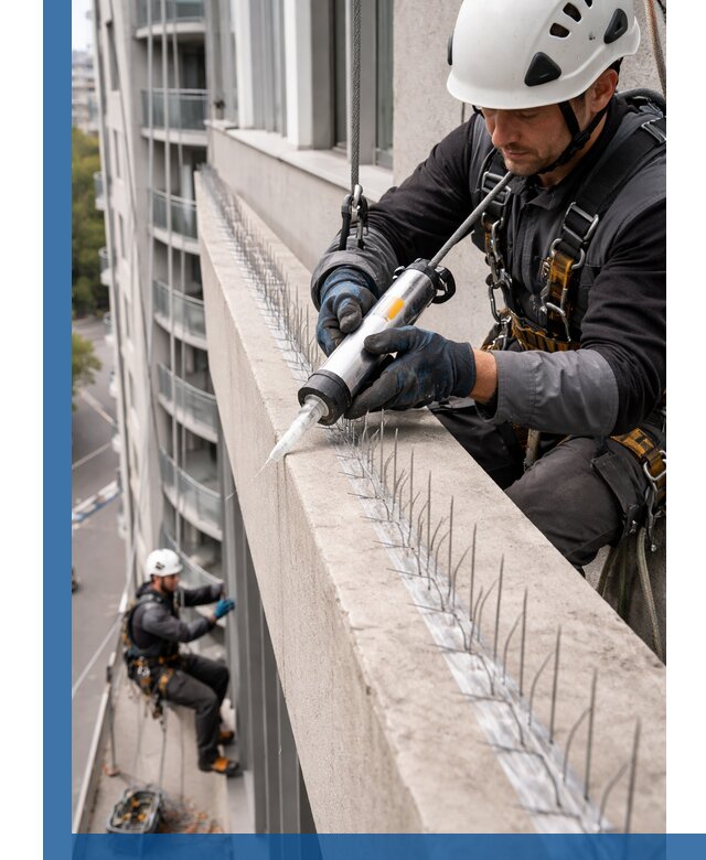 Установка шипов от птиц на фасадах и кровлях в Белове